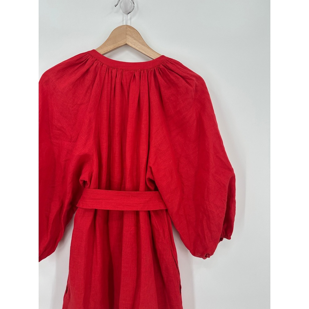 Apiece Apart Mitte Chili Red Linen Button Front Shift Midi Dress Belted Size 4 - Picture 7 of 8